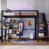 Łóżka dla dzieci i młodzieży - Łóżko piętrowe 90 x 200 cm, rama żelazna, biurko pod spodem, wiele półek, wbudowana szafa, kolor czarny - miniaturka - grafika 1