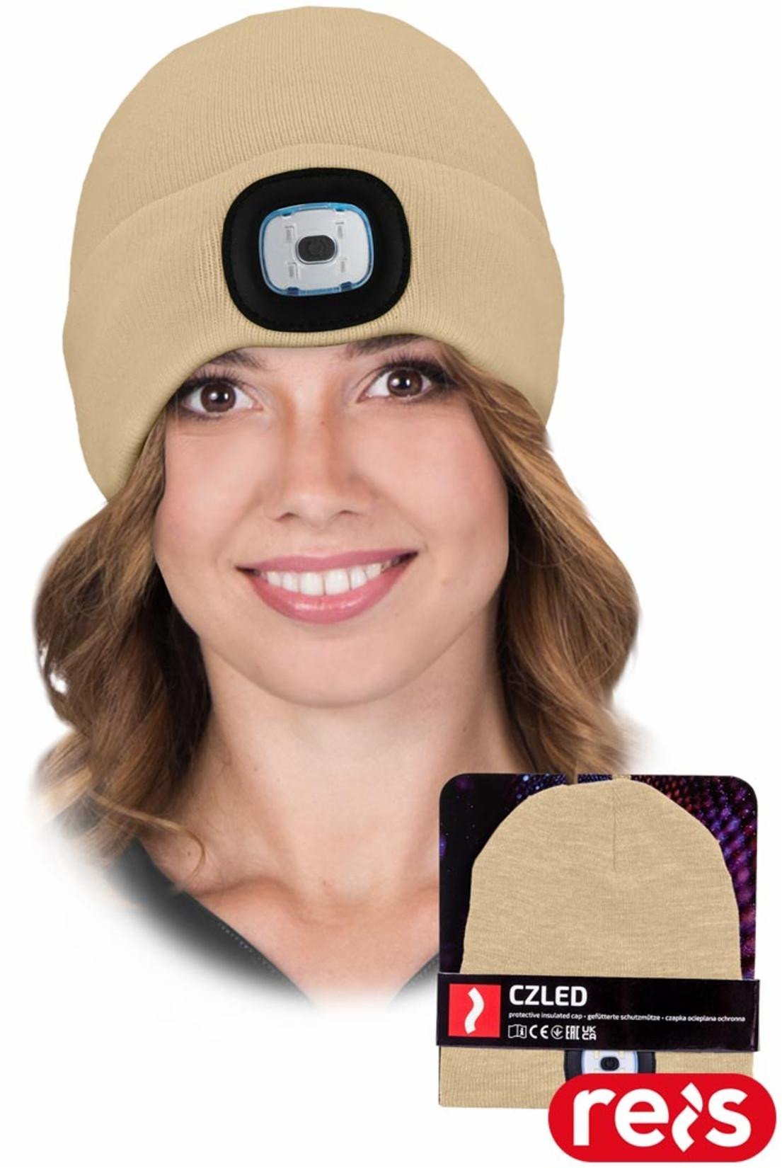 Czapka zimowa ocieplana ochronna z latarką LED, 100% przędza akrylowa CZLED - UNI - beżowy
