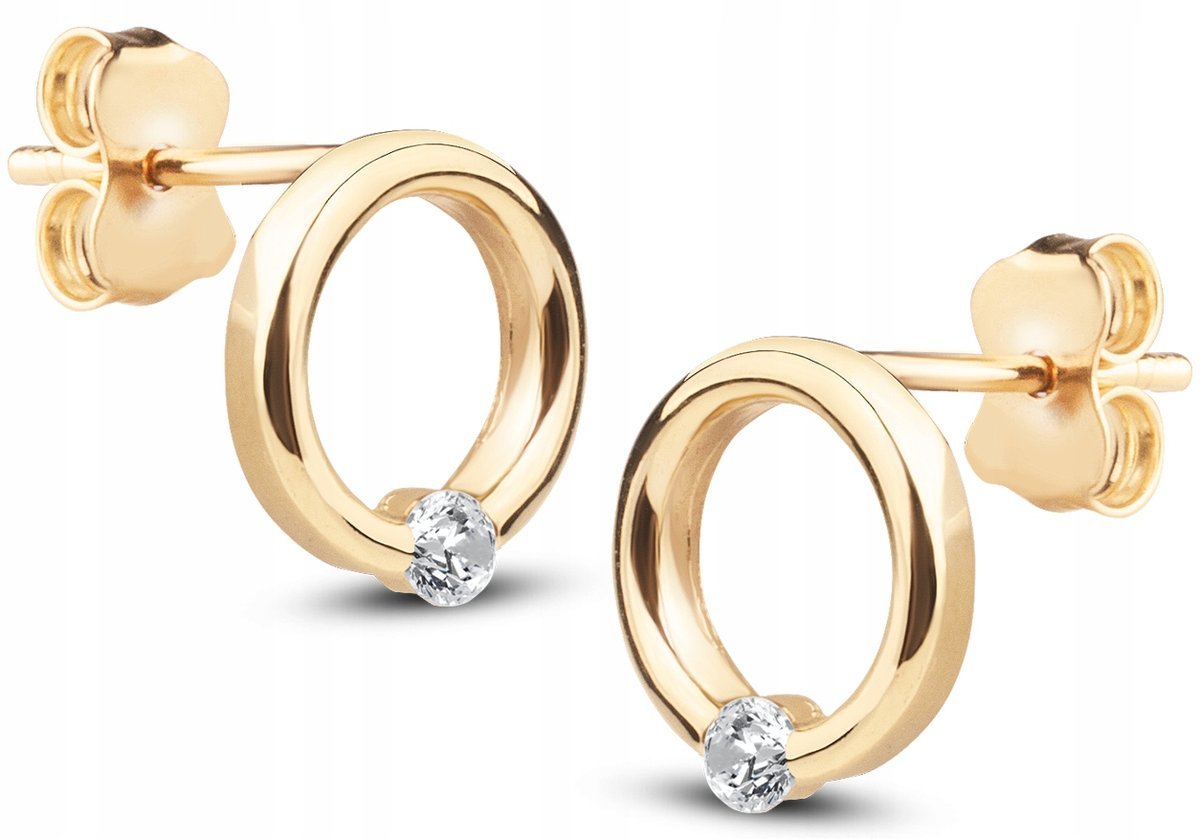 ZŁOTE KLASYCZNE KOLCZYKI KÓŁECZKA Z POJEDYNCZYM BIAŁYM KAMIENIEM 14KT 585
