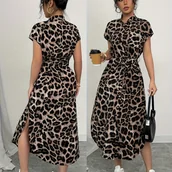 Inne - TEMU Elegancka Sukienka Midi w Lamparcie Wzory dla Kobiet - Krótki Rękaw, Wysoki Niski Dół, Zapinana na Guziki, Możliwość Prania w Pralce, Idealna do - miniaturka - grafika 1