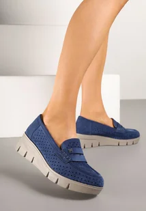 Niebieskie Półbuty na Koturnie ze Skórzaną Wkładką i Ażurową Cholewką Odrea - Półbuty damskie - miniaturka - grafika 1