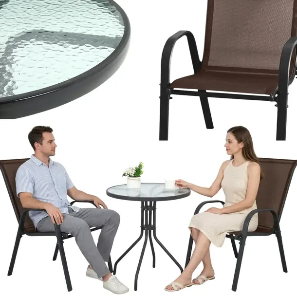 Zestaw Mebli Ogrodowych Balkonowych Stół Okrągły 60cm + 2x Krzesło Brązowe