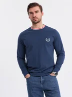 Koszulki męskie - Męski bawełniany longsleeve z dekoltem U w paski i haftem ciemnoniebieski V3 OM-LSCL-0128 L - miniaturka - grafika 1