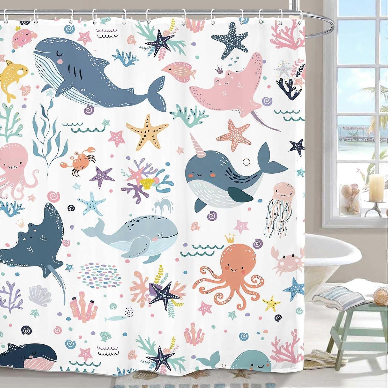 Linki Dziecięca zasłona prysznicowa dla zwierząt morskich 60Wx72L Cal Śliczny wieloryb Ocean Kreskówka Podwodna ryba Ośmiornica Morska Podwodna Dzi...