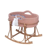 Domki dla lalek - Kołyska dla lalki- Kosz Mojżesza (RÓŻOWE ZŁOTO) z materacem, zestawem pościeli, frędzlami + WIKLINOWY bujak - miniaturka - grafika 1