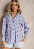 Koszule damskie - Granatowa Koszula z Bawełny w Paski z Wyhaftowanymi Serduszkami Aleriesa - miniaturka - grafika 1