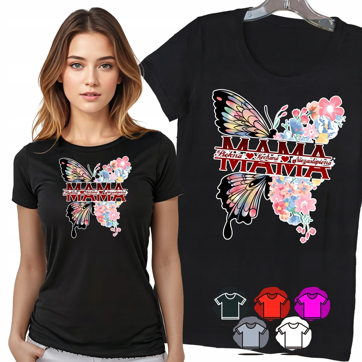 KOSZULKA DAMSKA T-SHIRT - MAMA PIĘKNA KOCHANA MOTYL KWIATY WZÓR MODA - XL