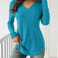 Bluzki damskie - TEMU Damskie Swetry z Dekoltem w Serek i Żebrowanym Wzorem - Miękka Tkanina o Średniej Elastyczności, Casualowa Koszulki długi Raglan Jednokolorowe - miniaturka - grafika 1