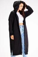 Bluzy damskie - Niezapinana Długa Bluza z Kapturem - Czarna - Awama - miniaturka - grafika 1