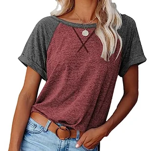 Clotth Damska koszulka Colorblock Crossover Loose Top z krótkim rękawem Casual T-Shirt, P-Brick Red-s, S - Koszulki i topy damskie - miniaturka - grafika 1
