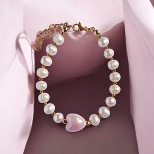 Bransoletka : PERŁY naturalne i ceramiczne serduszko : pastelowe różowe - Bransoletki - miniaturka - grafika 1