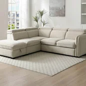 Sofy i kanapy - Kanapa narożna rozkładana lewostronna z pufą z beżowej tkaniny BALOTIA - miniaturka - grafika 1