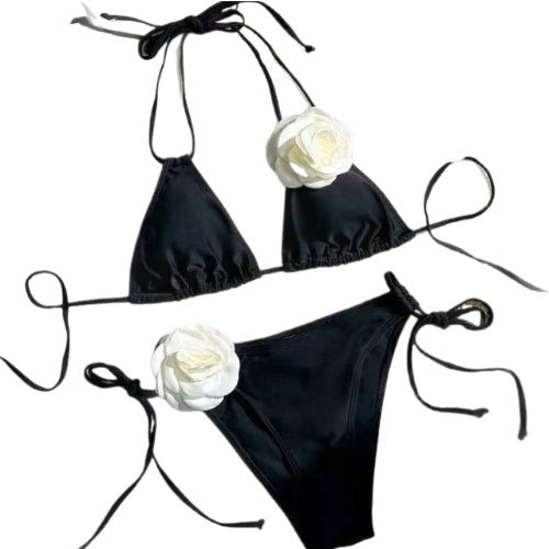 Strój Kąpielowy Bikini Dwuczęściowy Duże Ozdobne Kwiaty Wiązany Black M