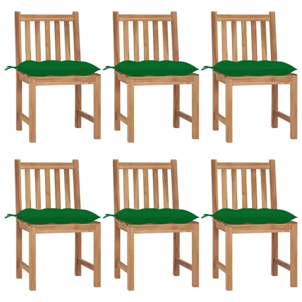 Zestaw 6 krzeseł ogrodowych z drewna tekowego z zielonymi poduszkami 50x53