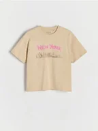Koszulki dla dziewczynek - Reserved - Bawełniany T-shirt z haftem - beżowy - miniaturka - grafika 1