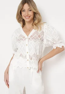 Biała Subtelna Bluzka Ażurowa Zapinana na Guziki Vangaia - Bluzki damskie - miniaturka - grafika 1