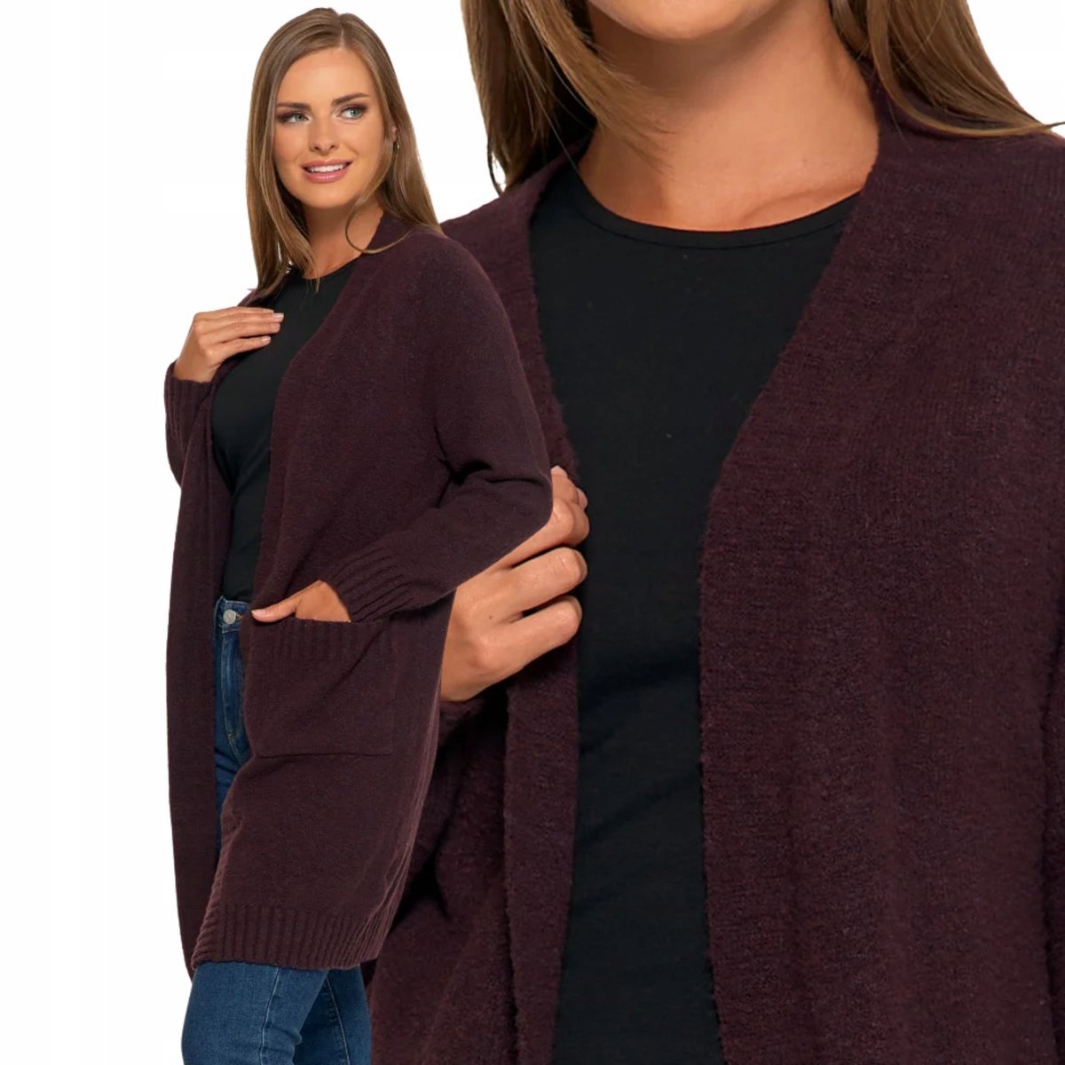 KARDIGAN DAMSKI DŁUGI SWETER Z KIESZENIAMI CIEPŁY LUŹNY OVERSIZE MORAJ XS/S BROWN