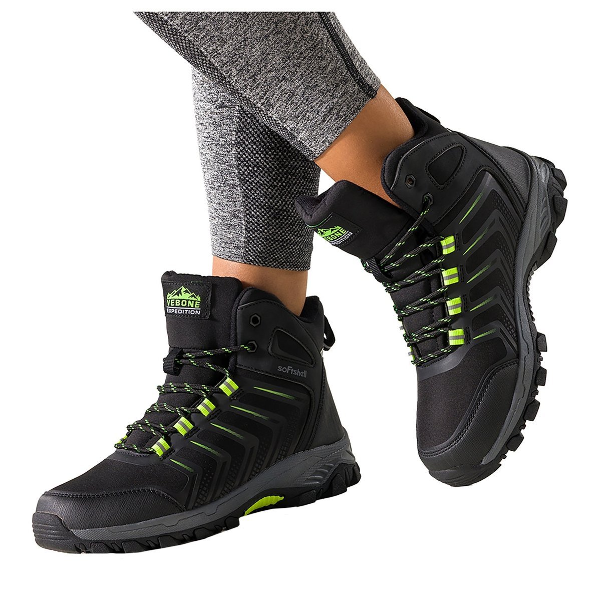Czarne buty trekkingowe damskie softshell na bieżnikowanej podeszwie seledynowe wstawki sznurowane Carla EY82939-7-40