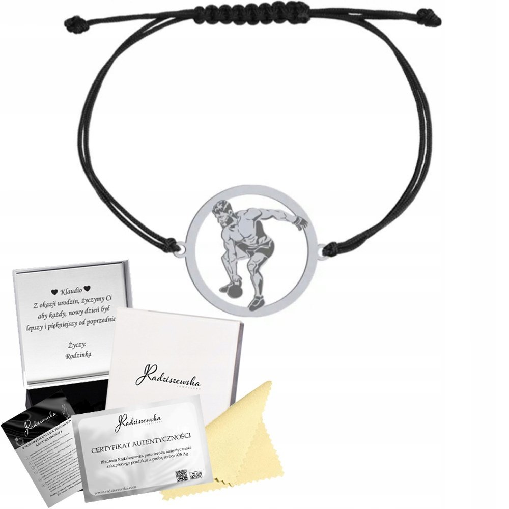 Bransoleta Srebrna Męska Kettlebell Crossfit Sznurek 925 Prezent GRAWER