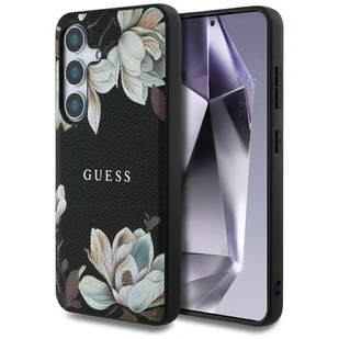 Guess Etui Grained Flower Pattern MagSafe do Galaxy S25, czarne - Etui i futerały do telefonów - miniaturka - grafika 1