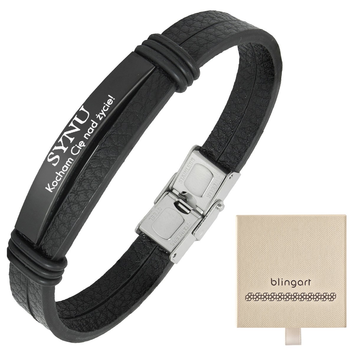 Bransoletka z grawerem skórzana męska czarna