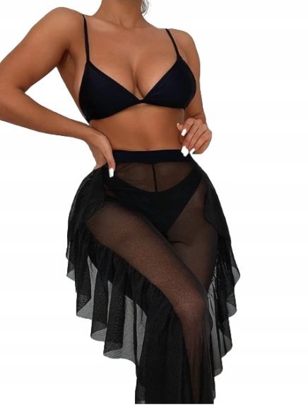 Zestaw Bikini Czarny Strój Dwuczęściowy Spodnie Z Falbankami Na Lato L