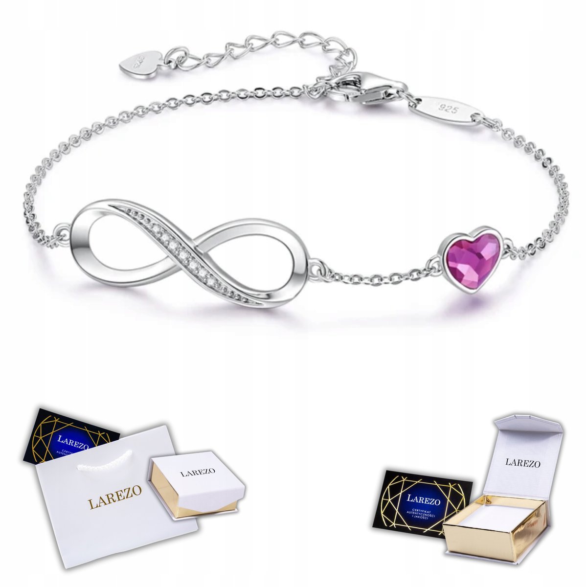 Srebrna Bransoletka z Nieskończonością Serce Różowe Kryształy SREBRO 925