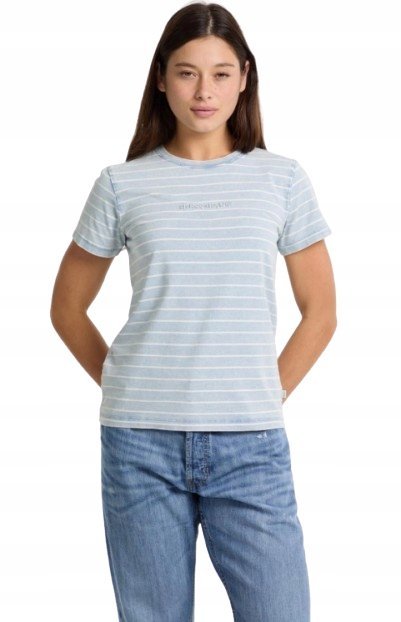 Guess T-Shirt Damski Bawełniany Błękitny w Paski z Logo S Gna