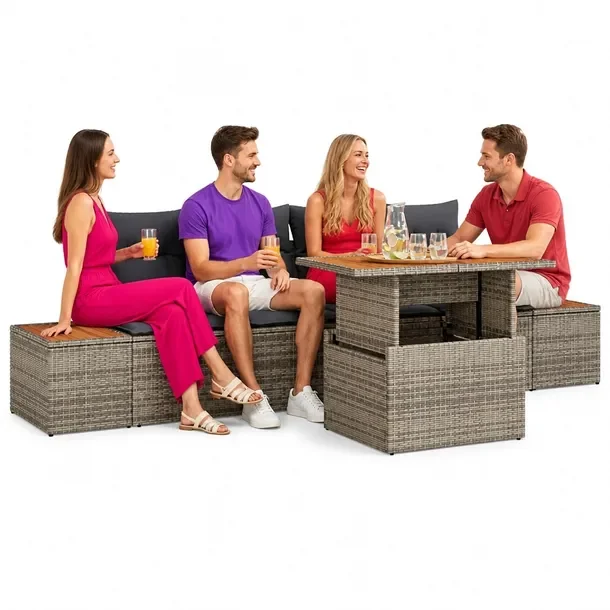 Zestaw Ogrodowy z Rattanu, Sofa i Stół, Szary/Czarny, 70/90 cm, Teksturow