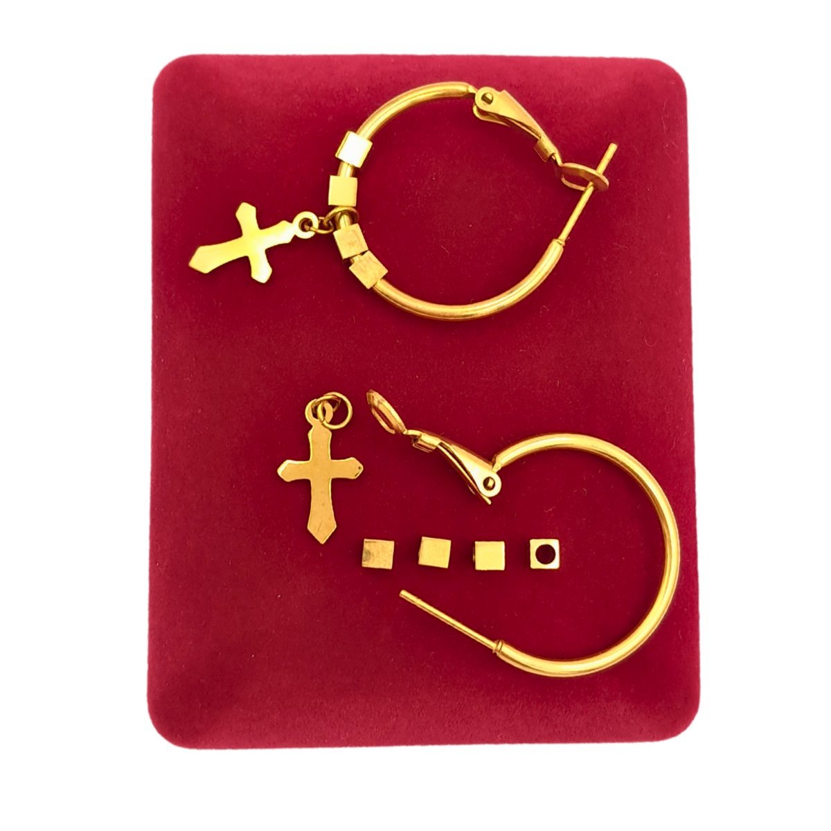 Kolczyki Kółka z Krzyżykiem 2w1 - Pozłacana Stal chirurgiczna