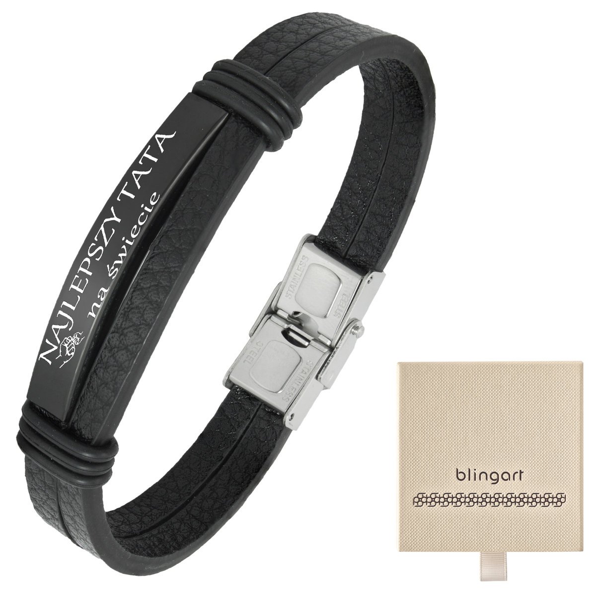 Bransoletka z grawerem skórzana męska czarna