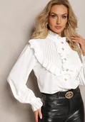 Koszule damskie - Biała Koszula z Ozdobną Falbanką i Żabotem Hansina - miniaturka - grafika 1