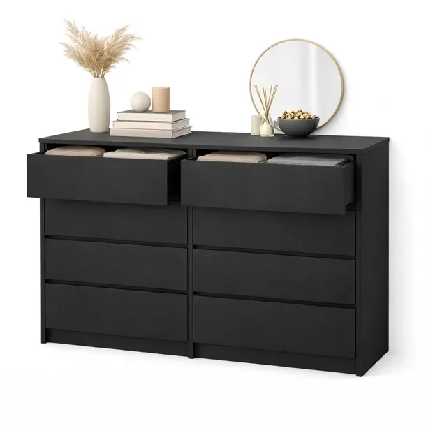 Komoda 8 Szuflad Czarny 120cm Pojemna Szafka do Sypialni Nowoczesny Design