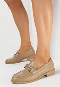 Mokasyny damskie - Ciemnobeżowe Klasyczne Mokasyny z Paskiem i Metalową Ozdobą Tirnal - miniaturka - grafika 1