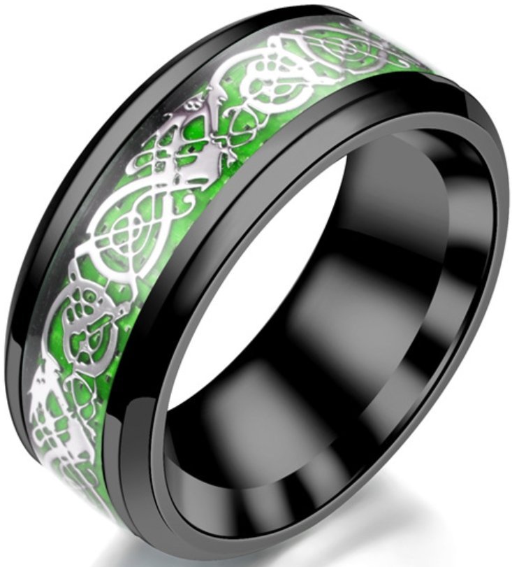 Pierścień Smok Celt Czarny Zielony Srebrny Sygnet