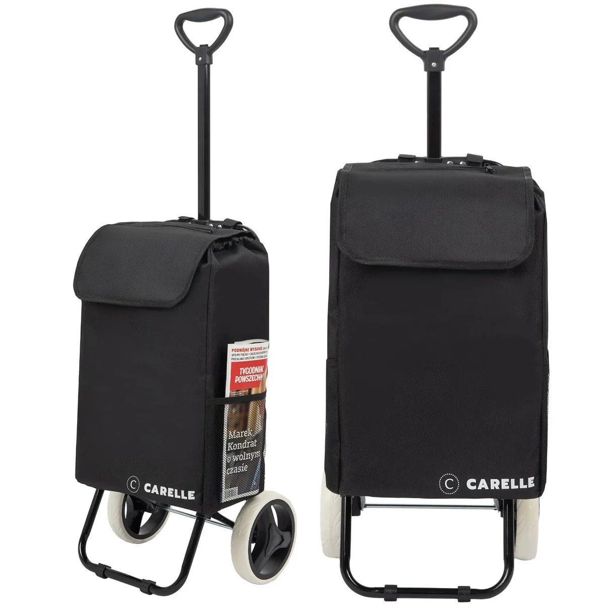 Wózek na zakupy travel składany torba zakupowa kółkach jakość premium CARELLE czarny lekki 1,9 kg teleskopowa rączka 3 poziomy wodoodporna torba Oxf..