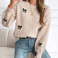 Swetry damskie - TEMU Elegancki sweter z okrągłym dekoltem, wykonany z dzianiny poliestrowej, z kolorowym blokowym wzorem i detalem kokardki, na jesień/zimę - miniaturka - grafika 1