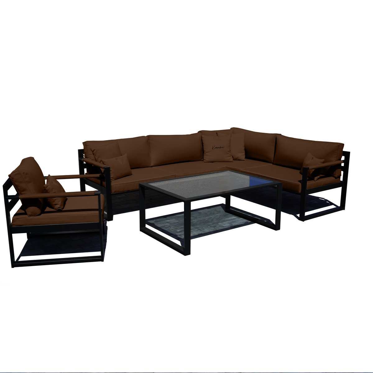 Meble ogrodowe BRYGIDA narożnik 250x200 + fotel + stolik czarna stal, KANARIA 7006 - kolor czekoladowy