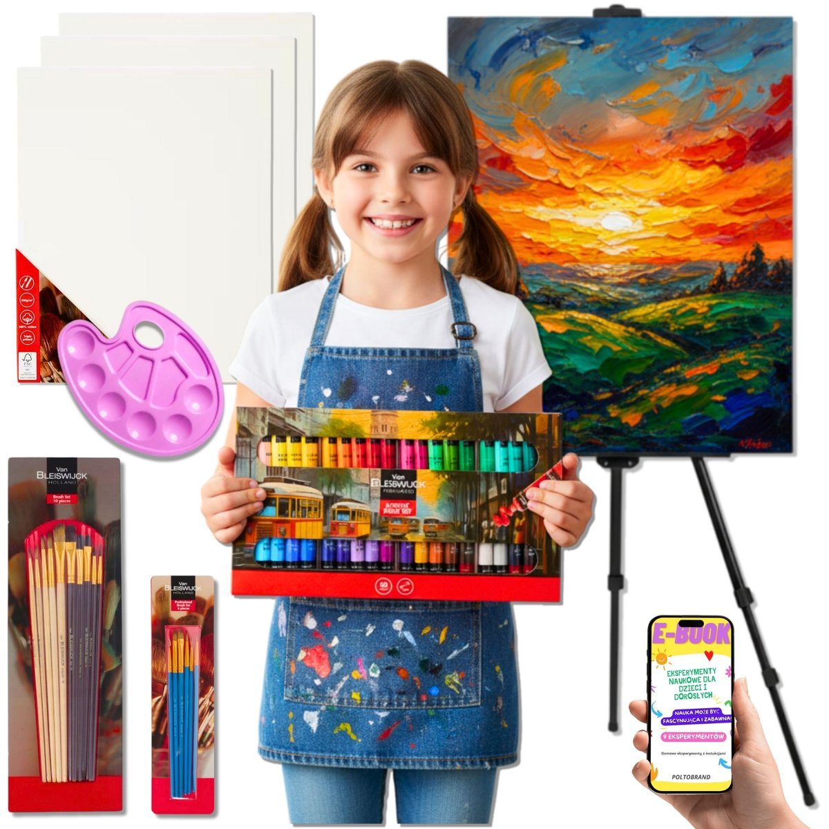 ARTYSTYCZNY KOMPLET MALARSKI DLA DZIECKA 7+ Farby Akrylowe, Płótna, Sztaluga, Pędzle PREZENT DLA WNUCZKI 7 8 9 10 11 12 Latki NA ŚWIĘTA + EBOOK