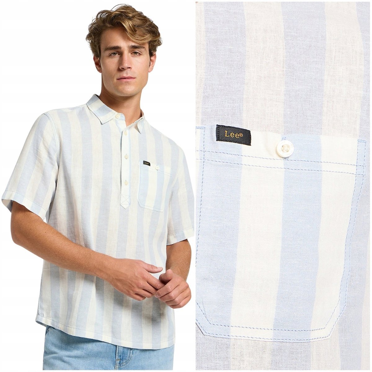 Lee POPOVER SHIRT Shy Blue luźna lniana koszula męska pasy krótki rękaw S