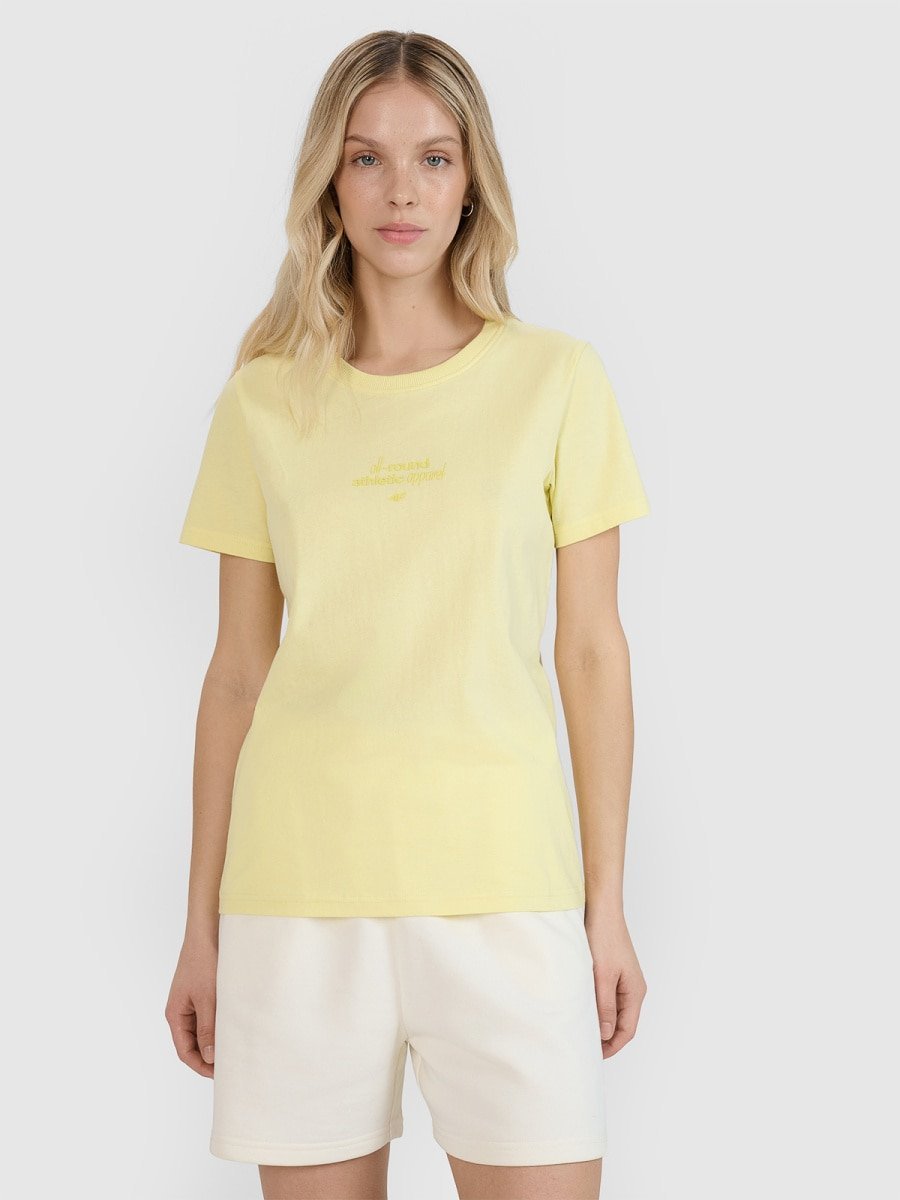 T-shirt regular z nadrukiem damski 4F 4FRSS25TTSHF2786-73S Żółty XL