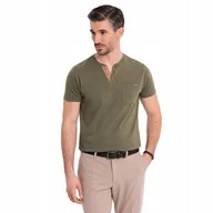 Koszulki męskie - T-shirt męski z dekoltem na guziki ciemnooliwkowy Ombre OM-TSCT-0206 V5 S - miniaturka - grafika 1