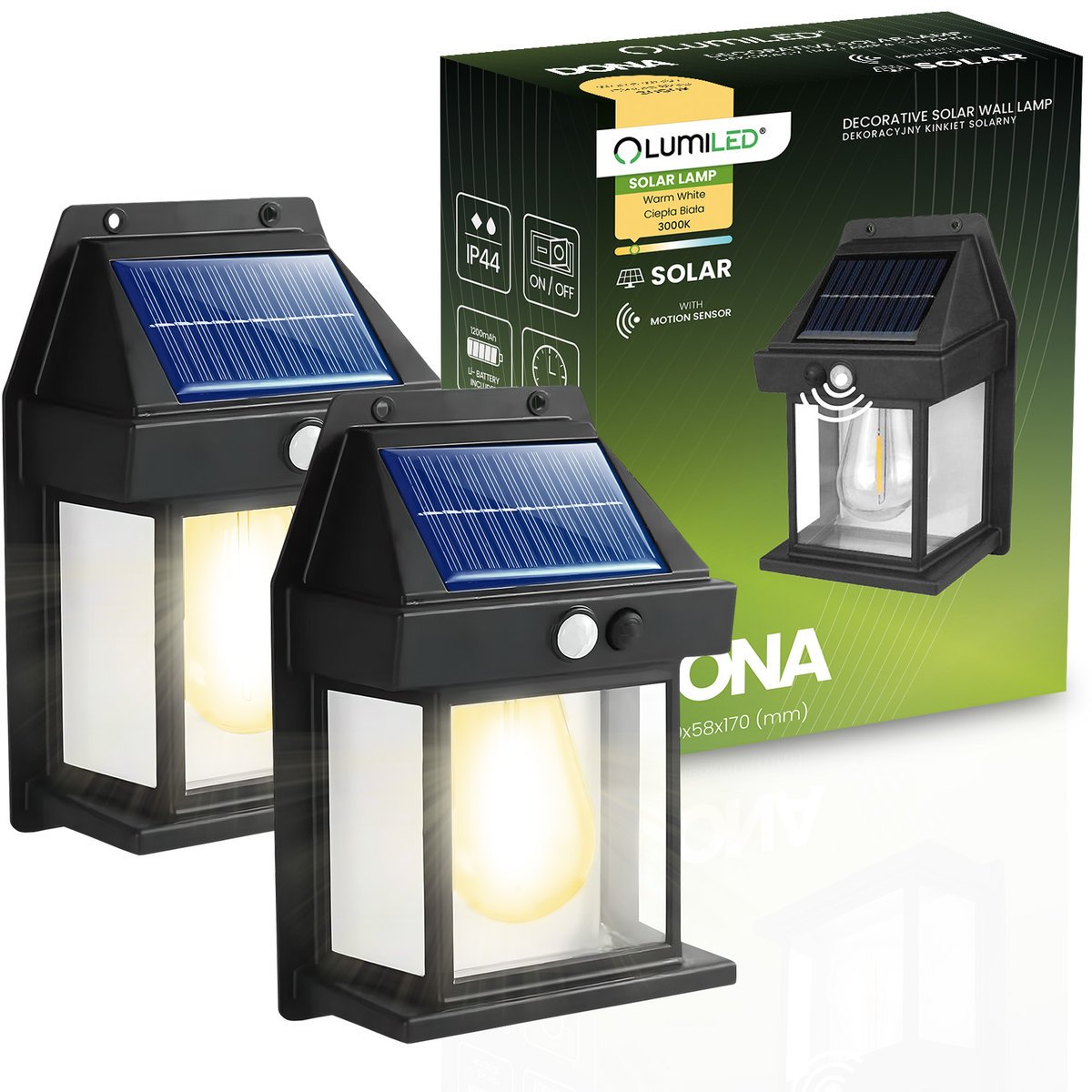 Lumiled 2x Kinkiet Solarny Lampa Elewacyjna LED 3000K IP44 Czujnik Ruchu i Zmierzchu DONA