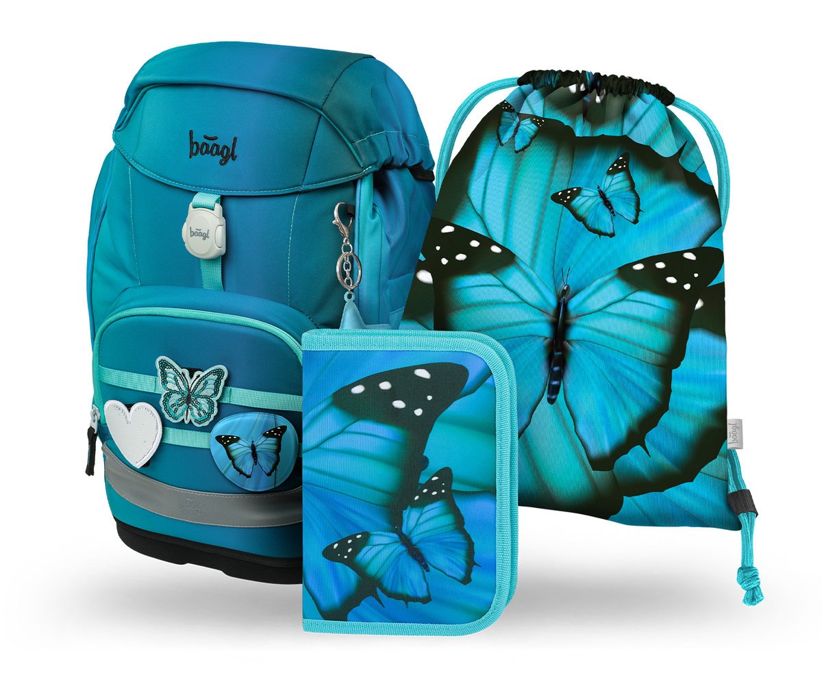 BAAGL Zestaw Szkolny 3w1 Plecak Ergonomiczny Airy Plus Motyl Niebieski 25L GROW + Piórnik + Worek