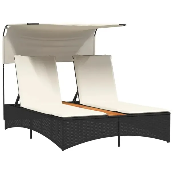 Podwójny leżak ogrodowy z baldachimem, rattan PE, 136x202x140 cm, czarny