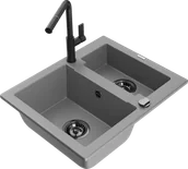 Zlewozmywaki z baterią - Mexen Carlos zlewozmywak granitowy 1,5-komorowy z baterią kuchenną Flora, szary - 6518-71-670401-70-B - miniaturka - grafika 1