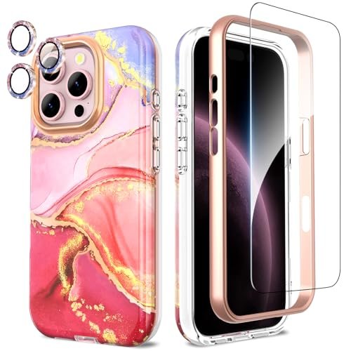 SHEDEER Etui 4 w 1 do iPhone'a 16 Pro z osłoną ekranu i ochroną aparatu, klasy wojskowej 360°, odporne na wstrząsy, z tworzywa TPU, odporne na blaknięcie, błyszczące etui na telefon (różowe)