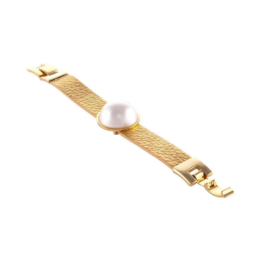 Skórzana, złota bransoletka z perłą (B25/LAT/126/1AU)
