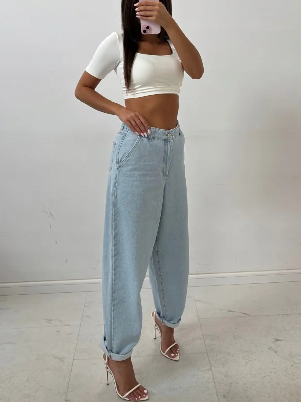 [r. S] Jeansy damskie EMO mom fit wysoki stan bawełna jasny jeans