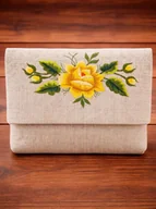 Torebki damskie - Torebka kopertówka haftowana na ramię - len ze wzorem łowickim róża żółta - miniaturka - grafika 1